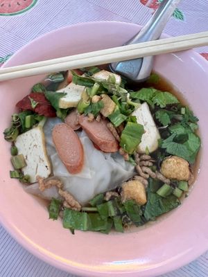 Dumpling, tofu and mock meat in a soup   at Muay and Joom Vegetarian in Hua Hin