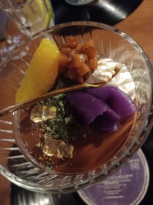 Amazing dessert with pear, pear mousse, and chocolate at Verthé in Diksmuide