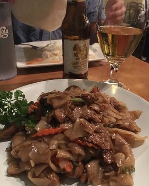 Spicy drunken noodle with mock duck. at Rim Talay in Oceanside