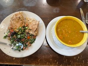 Tabouleh + red lentil soup  at East West Cafe in Santa Rosa