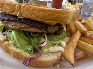 Impossible burger on sourdough bread.   at East West Cafe in Santa Rosa