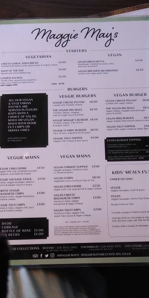 Veggie and vegan menu  at Maggie Mays in Belfast