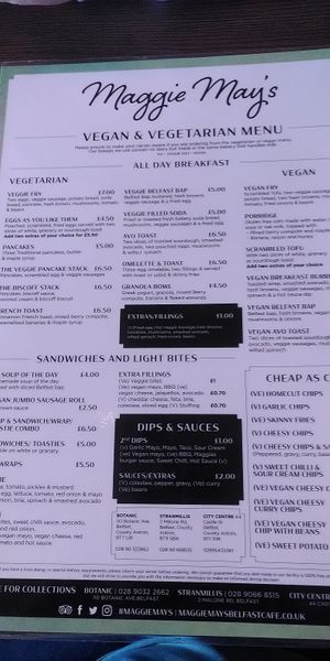 Veggie and vegan breakfast menu  at Maggie Mays in Belfast