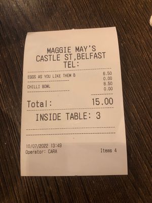 Cheap as chips - the eggs were tofu BTW!  at Maggie Mays in Belfast