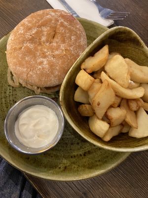 Vegan burger and chips  at Maggie Mays in Belfast