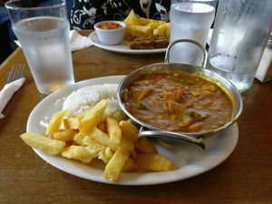 Vegetable Curry, Rice and Chips at Maggie Mays in Belfast