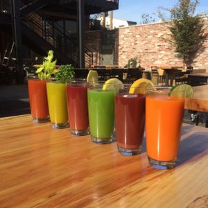 Front Street Cafe - organic juice bar; (left to right) Long Night, Pina Kaleada, Ginger Aid, Evergreen, Rainbow, Firefly at Front Street Cafe in Philadelphia