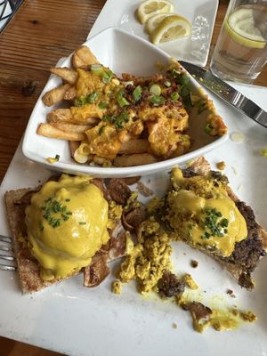 FSC Benedict (one Mushroom Bacon, one Lentil, Mushroom Scrapple)  at Front Street Cafe in Philadelphia