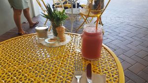 Strawberry, banana and coconut water smoothie at Betty's Bohemian Beach Cafe in Port Douglas
