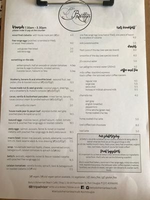 Menu - December 2017 at Betty's Bohemian Beach Cafe in Port Douglas