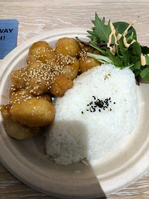 Honey chicken and rice  at Chi Ran Vegetarian Bar in Broadbeach
