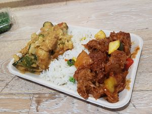 Satay chicken and sweet & sort sour pork at Chi Ran Vegetarian Bar in Broadbeach