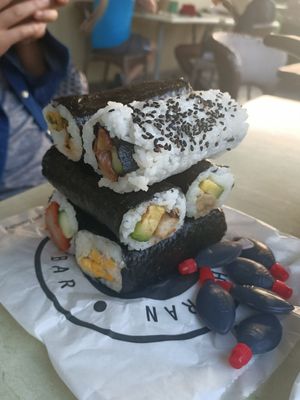 6 different sushi, I loved the veg duck and veg BBQ pork most, tempura sushi also delicious at Chi Ran Vegetarian Bar in Broadbeach