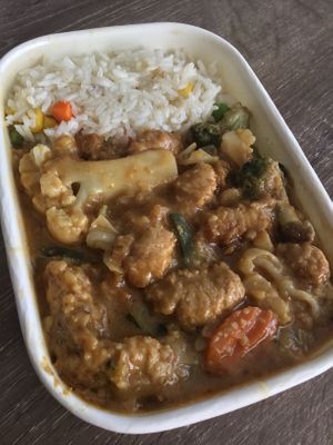 Heart warming chicken satay with mixed veggies, served next to a bed of hot rice. at Chi Ran Vegetarian Bar in Broadbeach