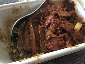 steak and sweet and sour pork at Chi Ran Vegetarian Bar in Broadbeach