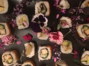 Nice selection of vegan sushi with some edible flowers  at Chi Ran Vegetarian Bar in Broadbeach