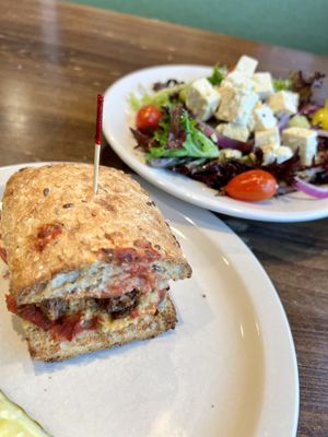 Vegan meatball sandwich and vegan Greek salad   at Pizza Luce in Roseville