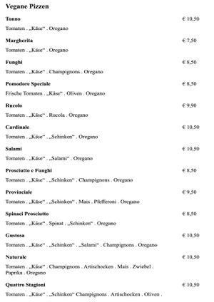 Pizza card at Villaggio in Krems An Der Donau