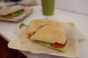 Avo, tomato, pesto and rocket sandwich. Ft: green smoothie.  at Milk Away in Sevilla