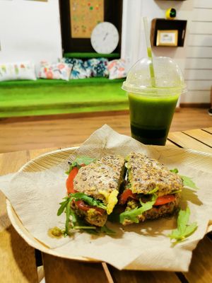 Avocado sandwich and green smoothie  at Milk Away in Sevilla