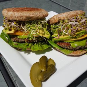 HempBurger (with Black Beans and Hemp Seeds) on a Whole Wheat English Muffin or Rice/Millet GF Bread at Purple Sprout Conscious Organics in Buffalo Grove