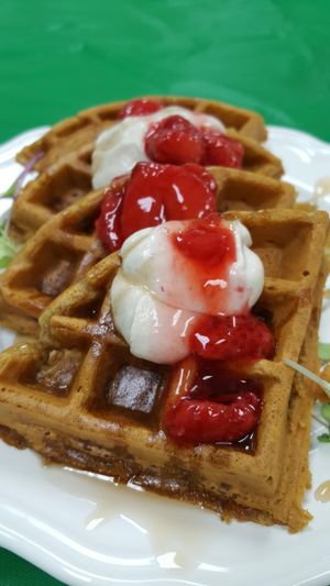Whole Wheat Waffles with Cashew Cream Cheese and Strawberry Jam at Purple Sprout Conscious Organics in Buffalo Grove