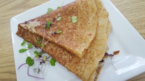 Crepes (GF and Sugar-free) 
The following fillings available:
- Chickpea Veggie Scramble
- Apple/Pear Jam (with cashew cream cheese)
- Strawberry Jam (with cashew cream cheese) at Purple Sprout Conscious Organics in Buffalo Grove