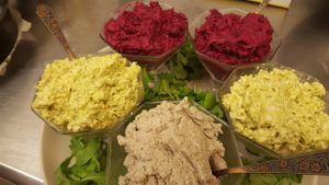Raw Items:
'Freed Chicken' Salad from Sunflower Seeds
'Beets and Dreams' Salad (beets, walnuts, garlic, cashew sour cream)
'Spared Egg' Salad (coconut meat, cashews, spices) at Purple Sprout Conscious Organics in Buffalo Grove