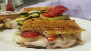 Sweet Waffle Sandwich: based on homemade almond milk, cashew strawberry cream cheese. at Purple Sprout Conscious Organics in Buffalo Grove