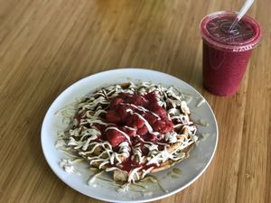 Waffles with strawberry and cashewcream  at Purple Sprout Conscious Organics in Buffalo Grove