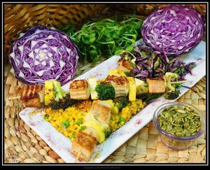 Tofu Kebab with Turmeric Brown Rice and Seasonal Salad

(organic sprouted tofu) at Purple Sprout Conscious Organics in Buffalo Grove