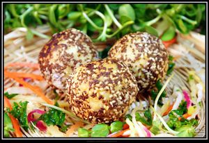 Umille Balls - excellent healing combination of millet and umeboshi plums, rolled in sesame, flax and chia seeds. Oil-sauteed or steamed. Served with Cashew Sour Cream, Plum Chutney, and seasonal salad at Purple Sprout Conscious Organics in Buffalo Grove