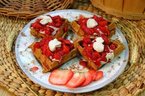 Waffles (Whole Wheat or GF) with Strawberry or Apple-Pear Jam, maple syrup, and Cashew Whipped Cream at Purple Sprout Conscious Organics in Buffalo Grove