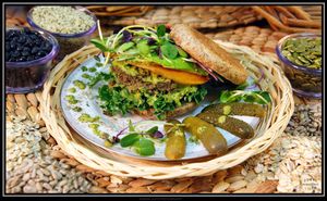 HempBurger - homemade Seed-and-Bean patty, sprouted whole grain English muffin or GF bread  at Purple Sprout Conscious Organics in Buffalo Grove