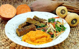 Braised Seitan with Sweet Potato mash (homemade seitan) at Purple Sprout Conscious Organics in Buffalo Grove