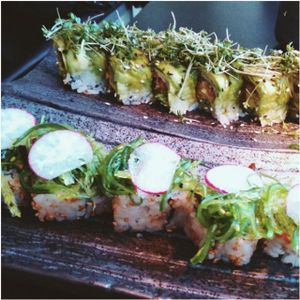 The two vegan rolls. at Karma Sushi in Aalborg