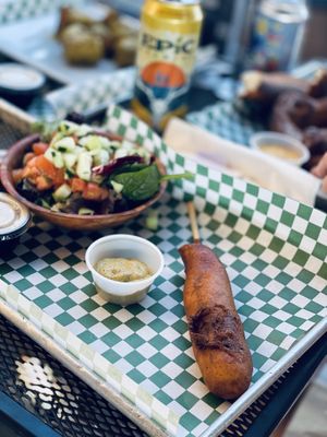 Corn dog and side salad at The Ice Haus in Murray