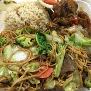 combo plate with Chow Mein, Chicken-less Sauté, and brown rice -$10.95 (available w/o rice for $9.95) at Loving Hut - University in Tempe