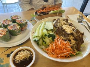 Beef less noodle bowl , banh mi sandwich and spring rolls   at Loving Hut - University in Tempe