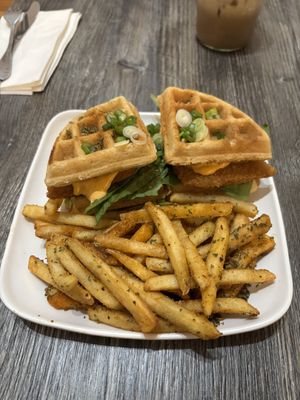 Chicken and waffles. Everything on its own was good but the dynamite sauce in the sandwich was not it. Would’ve been better with maple syrup.  at Loving Hut - University in Tempe