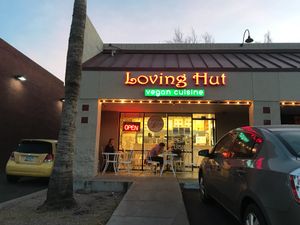 And inside with television showing vegan recipes and similar at Loving Hut - University in Tempe