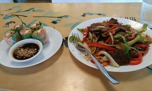 Mongollian Wonder with a side of spring rolls at Loving Hut - University in Tempe