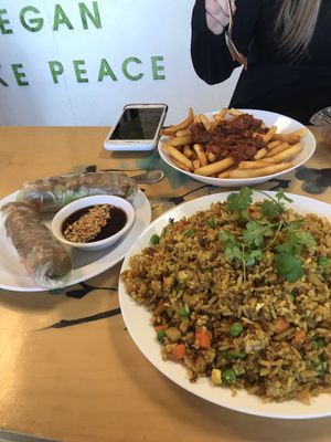 Guru fried rice, bbq rolls and chili fries at Loving Hut - University in Tempe