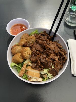 Dish No. 95: “Beef” bò bún (Lemongrass “beef”, nems, fried tofu, rice vermicelli, batavia salad, cucumbers, soy sprouts, peanuts, mint) at Tien Hiang in Paris