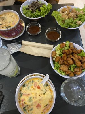 Shitake mushrooms, coconut soups, veg chicken, sweet veg chicken  at Tien Hiang in Paris