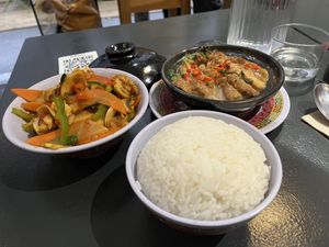 Chicken vegetables and chicken clay pot  at Tien Hiang in Paris