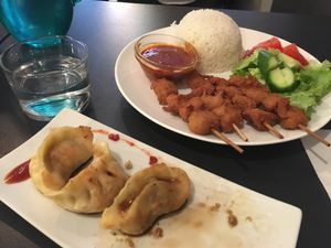 Steamed dumplings and vegan satay chicken  at Tien Hiang in Paris