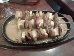 Faux-meat skewers with peanut sauce at Tien Hiang in Paris
