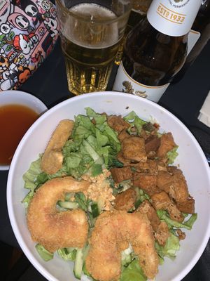 Noodle dish with fried “shrimp” - the shrimp was something else😍😍😍 at Tien Hiang in Paris