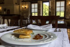 Fried local goat feta, wrapped in a phyllo pastry, with a homemade tomato & lemon jam at Ktima Bellou Restaurant in Pieria